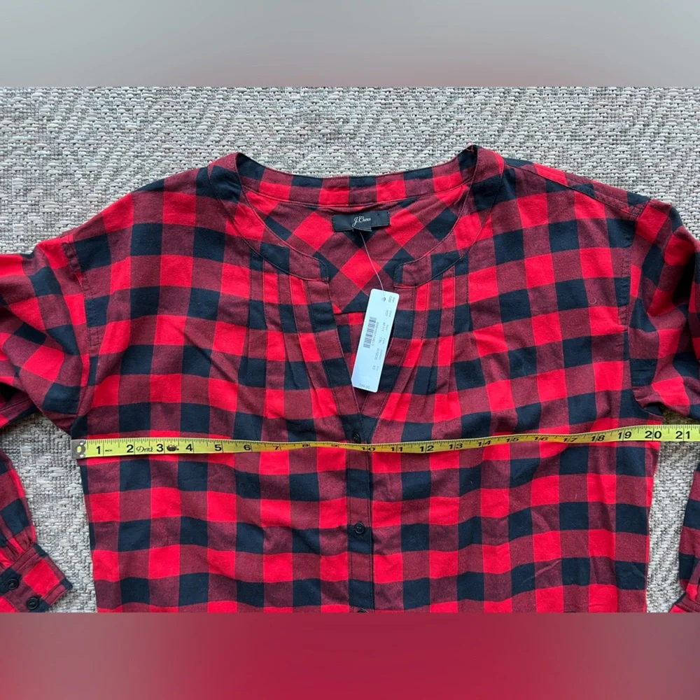 NWT J. Crew Red Black‎ Buffalo Plaid Cotton Popover Tunic Blouse XS Cabincore